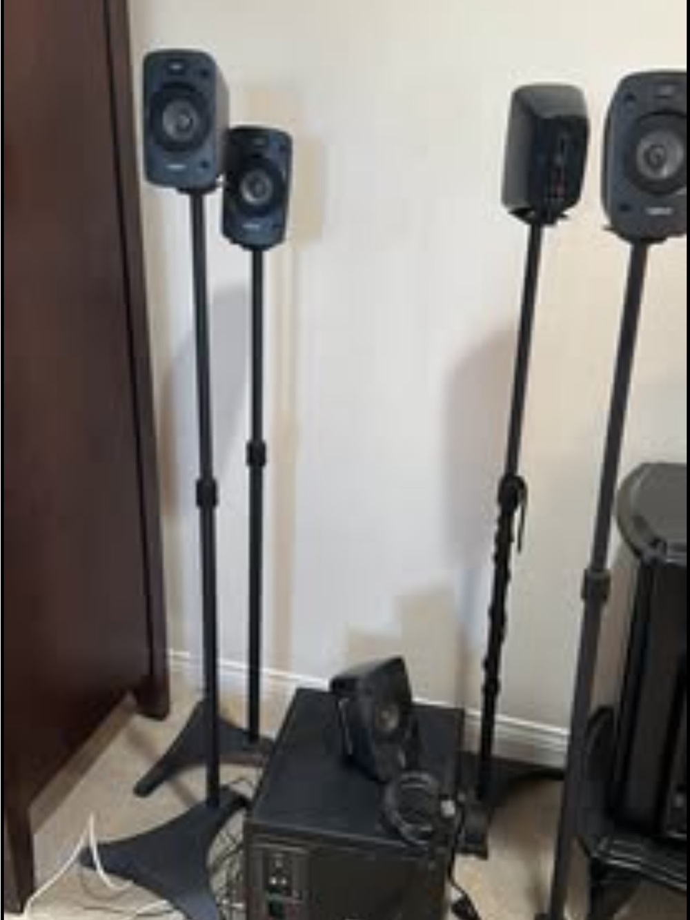 Black Satellite Speakers with Stands and Subwoofer